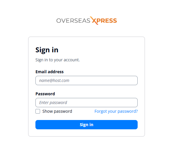 Page de connexion Overseas Xpress